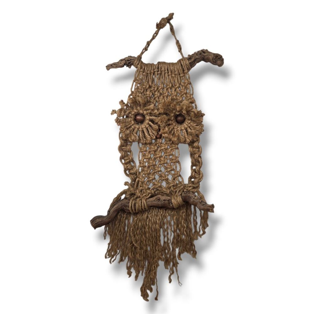 Vintage Handmade Owl Gallery Wall Hanging Macrame Jute Boho Driftwood Rope Art